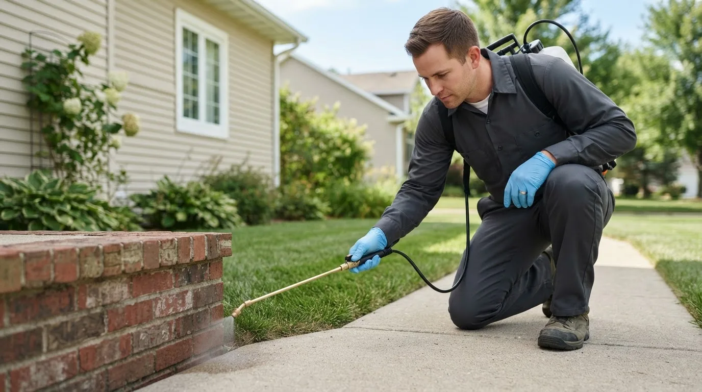 Pest control technician treating a home near North Lawrence, OH