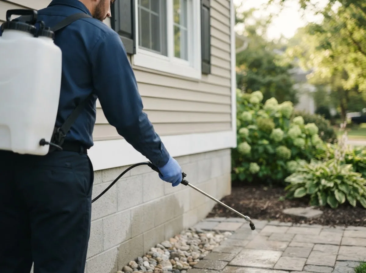Pest control technician inspecting a home in North Lawrence, OH